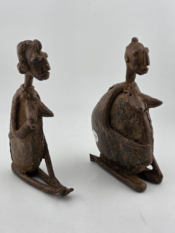 Rare Antique Pair Of Sitting Ethnic Tribal Women Bronze figure Dogon Mali Africa