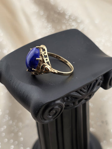 Antique 10K Solid Gold Lapis Lazuli Cabochon Ring Ornate Blue Statement. 6.75.