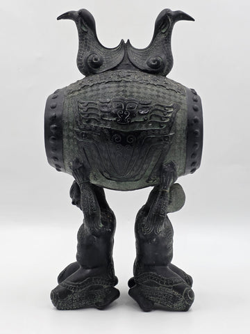 Antique Old China Bronze Ware Dynasty Dragon Head Kneel People Drum Statue 15 in