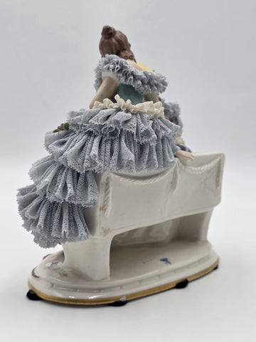 Antique German Dresden Lace Porcelain Figurine Two Ladies On Bench Volkstedt