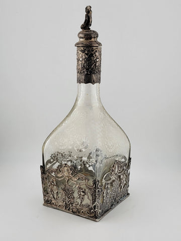 Rare 19th C German Hanau 800 Silver & Etched Crystal Stork & Sinsheimer Decanter