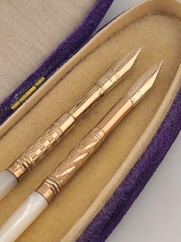 Antique 1890's Victorian Mother of Pearl Dip Pen Set 10K Solid Gold  Nibs W Case