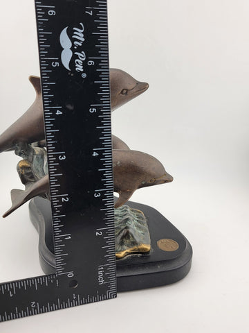 Vintage SPI Three Bronze Dolphin  Leaping Sculpture Figurine Signed  Marble Base