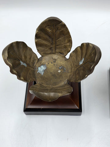 Rare Pair Of Antique Massive 6" Crystal Ball On Brass Leaves Bookends / Decor.