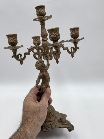 Rare Antique Rococo Cherub Putto 5 Light Candelabra Figural Ornate Candle Holder