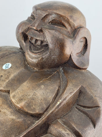 Vintage Large Hand Carved Solid Wooden LAUGHING BUDDHA Holding Bag Of Money 10”