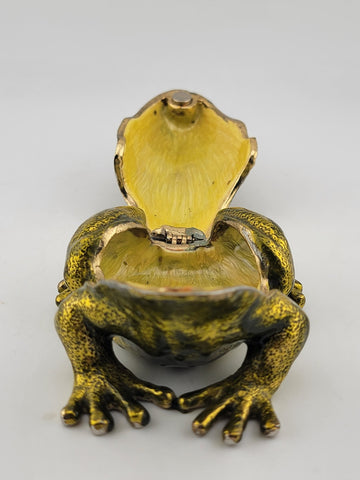 Black & Green Enamel Frog Trinket Box - Jeweled Gold Tone w/ Magnetic Closure