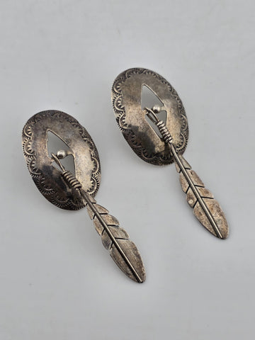 Antique Native American 925 Sterling Silver Earrings Concho Feather Dangle