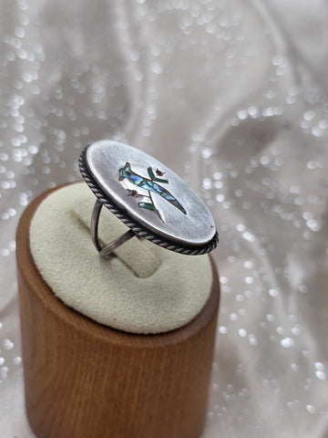 VTG  TAXCO M-5 MEXICO STERLING SILVER RING WITH BIRD INLAY MULTI COLOR STONES