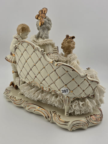 Large Dresden Art Germany Lace Porcelain Figurine Lady w Children W Sofa Reading