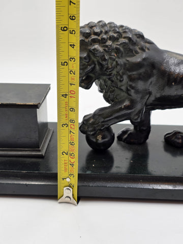 19th C Victorian Cast Iron Lion Double Inkwell Desk Set Antique Black Japanned.