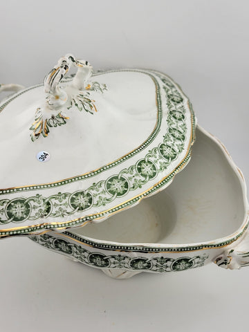 RARE BISHOP & STONIER ENGLAND RODEN GREEN COVERED TUREEN & LID 24K GOLD TRIM