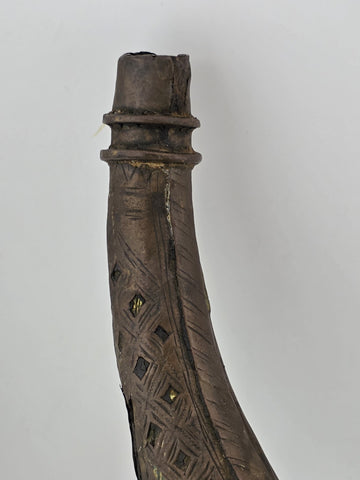 Rare Antique Ornate 19thC Brass Steel Islamic Black Powder Horn Shot Flask C1850