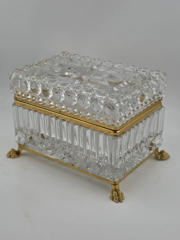 French Baccarat Style Jewelry Casket Footed Box Heavy Crystal Glass Hinged Lid