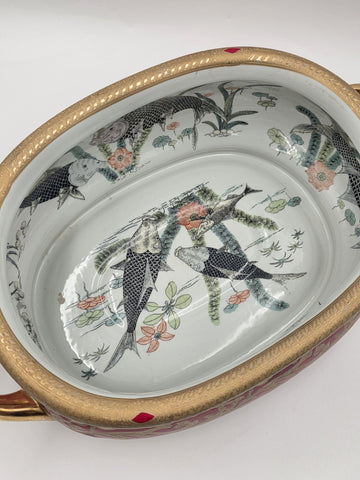 Antique XL Chinese handpainted Red porcelain 24kt gold Oval Footbath, Jardiniere