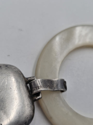 Pair Antique Sterling Silver Mother Of Pearl Baby Teething Rattles Mr Bear Goose