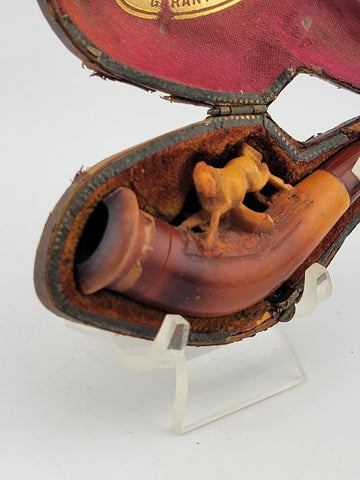 Antique 19th C ECHT German Meerschaum & Amber Pipe Horse Theme W Original Case.