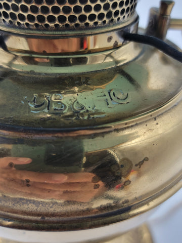 Antique Converted Holmes Booth & Haydens Brass Oil Lamp Ribbed Cased Green Shade