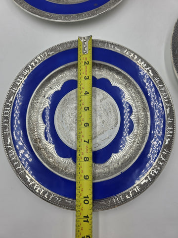Set of 3 Antique Czech Silver Inlaid Blue Enamel Fairy Plates c.1910 Art Nouveau