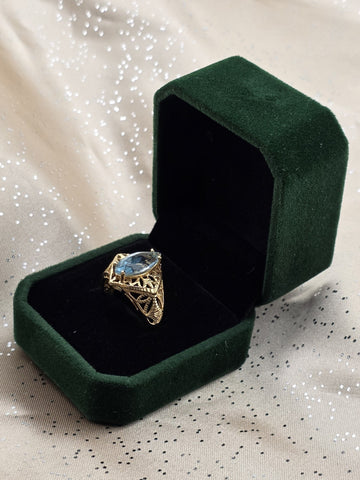 Antique 14K Solid Gold Blue Topaz Marquise Ring Filigree Estate Size 8 W Box.