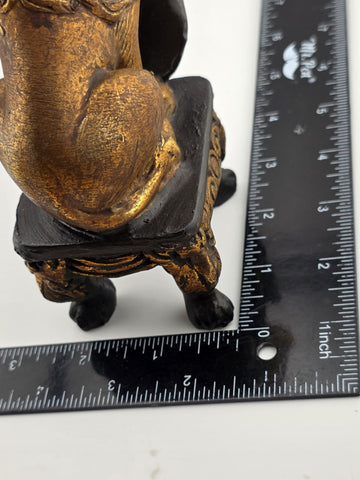 Pair Antique Carved Wood Heraldic Lions Bookends Fleur-de-Lis Shield Gold &Black