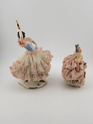 Set Of 2 Volkstedt Germany Dresden Lace Small Ballerina Pink Porcelain Figurines