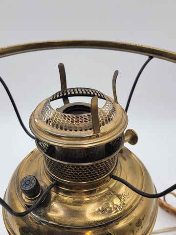 Antique Converted Holmes Booth & Haydens Brass Oil Lamp Ribbed Cased Green Shade