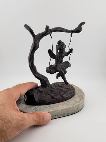 Antique Bronze Statue After Moreau Angel Swinging from Tree On A Marble Base.