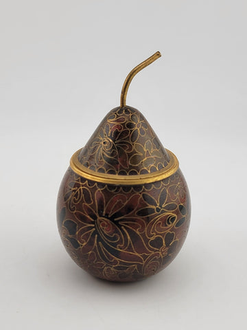 Vintage Cloisonné Enamel Brass Pear Shaped Trinket Box with Stem Floral Design