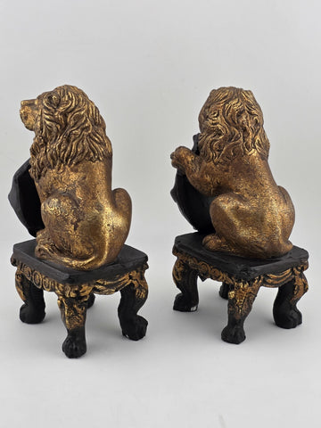 Pair Antique Carved Wood Heraldic Lions Bookends Fleur-de-Lis Shield Gold &Black