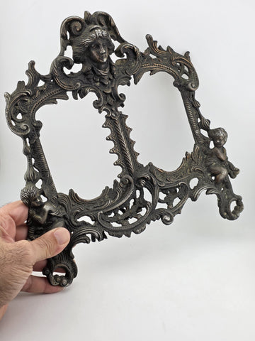 Antique Victorian Rococo Baroque Cast Iron Angel Cherub Double Picture Frame 4x5