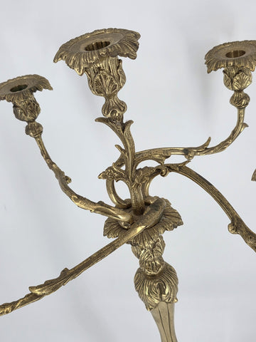 Rare Antique C 1900's XL French Rococo Style Gilt Brass 5 Arm Candelabra 26”