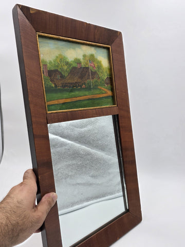 Antique 19th C American Empire Reverse Painted Glass Mahogany Divided Mirror