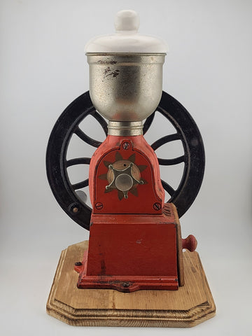 Vintage Elma Big Wheel Coffee Mill Grinder Cast Iron Wheel Mounted On Wood Base