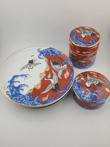 Set 4 Plates & 2 Lidded Jars Takahashi Japan Kutani Style Crane &Wave Porcelain