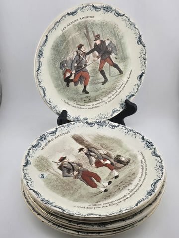 Set Of 6 ANTIQUE FRENCH TERRE DE FER PORCELAIN MILITARY PLATES. 7.5 Inch.