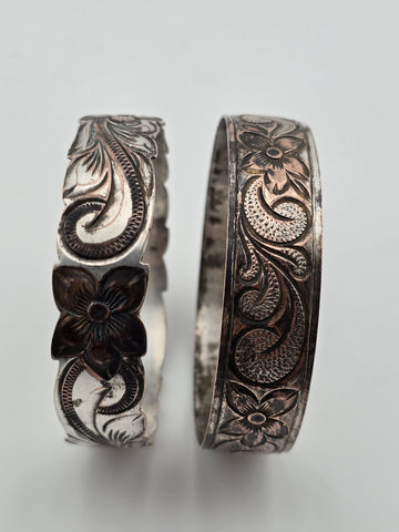 Vintage Pair Sterling Silver 925 Floral Engraved Bangle Bracelets 81g 8.5" Cuff