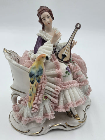Vintage Dresden Art Germany Lace Porcelain Lady Musician Figurine Bird Bench
