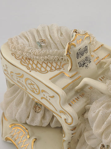 Antique Dresden Art Porcelain Lady at Grand Piano Figurine Lace Dress Germany