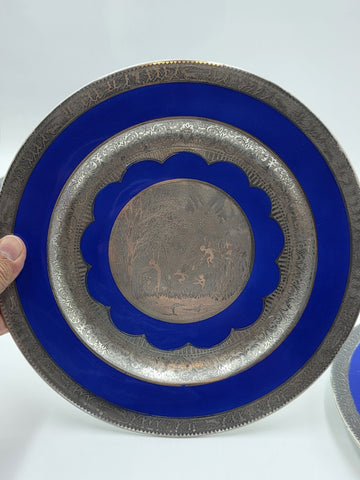 Set of 3 Antique Czech Silver Inlaid Blue Enamel Fairy Plates c.1910 Art Nouveau
