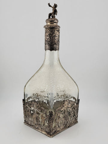 Rare 19th C German Hanau 800 Silver & Etched Crystal Stork & Sinsheimer Decanter