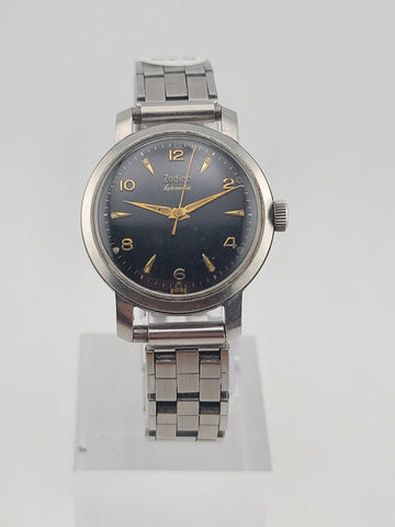 Vintage 1950 Zodiac Hermetic Swiss Black Dial Gilt Numerals Manual Watch. Works