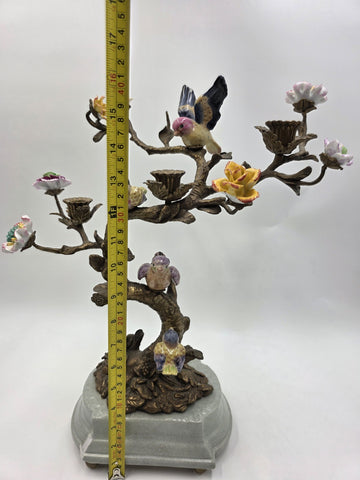 Vintage Celadon Cast Bronze Porcelain Birds Flowers Tree  Candle Holder Figurine