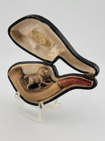 Antique 1920's French Dog Meerschaum & Amber Cigarette Holder W Original Case.
