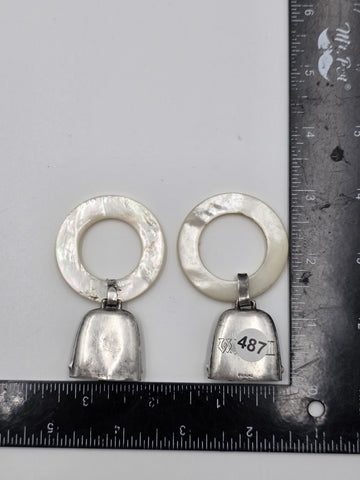 Pair Antique Sterling Silver Mother Of Pearl Baby Teething Rattles Mr Bear Goose
