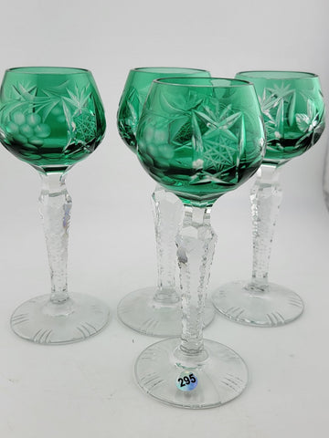 Set Of 4 Lausitzer Bohemian Crystal Green Cut Glass Etched. No Chips Or Cracks