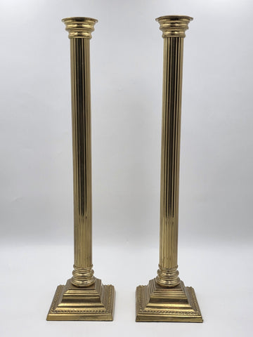 Pair Antique Monumental Brass Fluted Column Candlestick Neoclassical Regency 22”