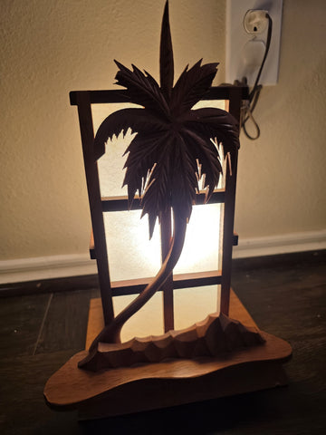 Vintage Mid Century Modern Carved Hawaiian Koa Wood Palm Tree Tiki Table Lamp