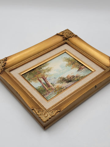 Vintage Mid-century Small Landscape Painting In Gold Wooden Frame. Artist Signed