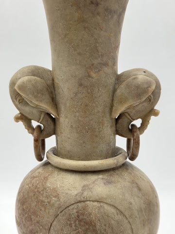 Antique Chinese Carved Hardstone Vase Elephant Ring Handles Stone Stand 12"